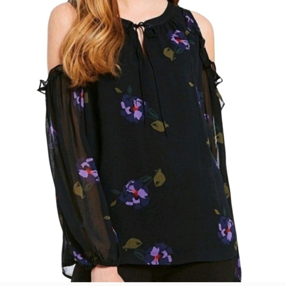 Sanctuary Black Cold-Shoulder Blouse with Purple Floral Print